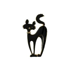 1980s Giovanni Black Enamel Gold Plate Cat Kitty Rhinestone Collar Pin Brooch